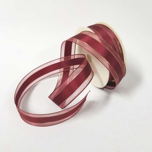 Satin Sheer Ribbon Gold Thread 25mm Burgundy
