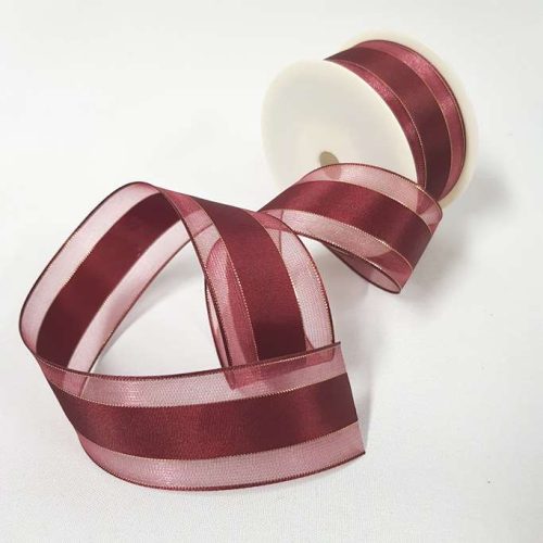 Satin Sheer Ribbon Gold Thread 40mm Burgundy
