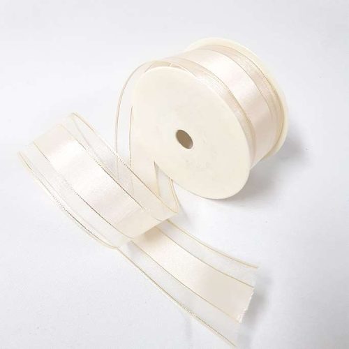 Satin Sheer Ribbon Gold Thread 40mm Cream