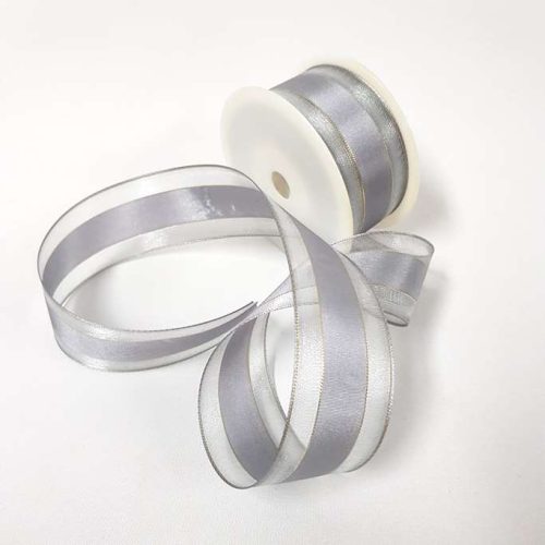 Satin Sheer Ribbon Gold Thread 40mm Silver