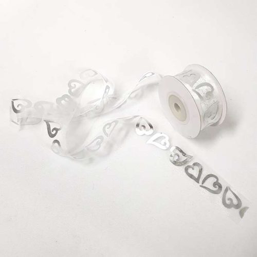 Silver Love Heart Organza Ribbon 25mm White
