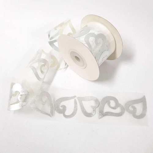 Silver Love Heart Organza Ribbon 50mm White