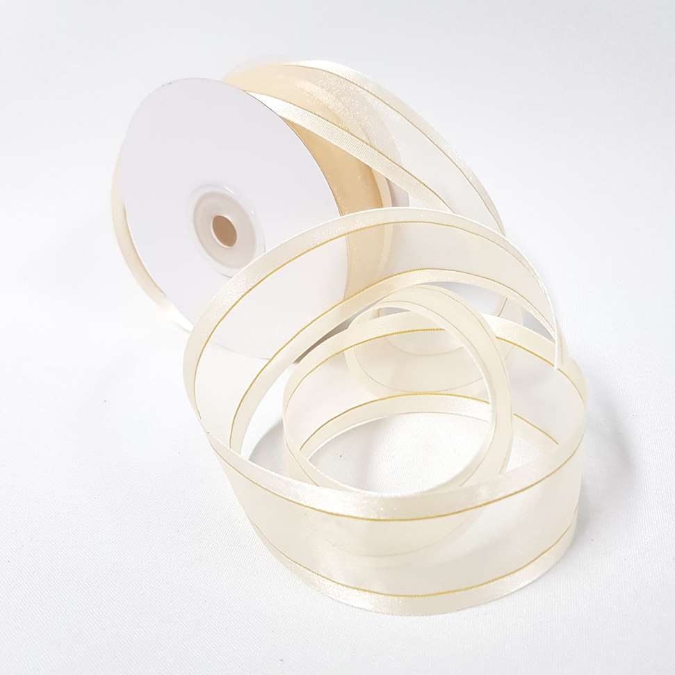 Organza Satin Edge Ribbon Gold Thread 38mm Cream