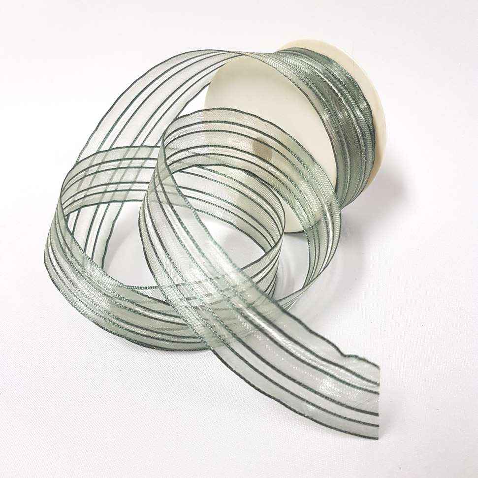 Stripes Sheer and Satin Wired Ribbon Dark Green