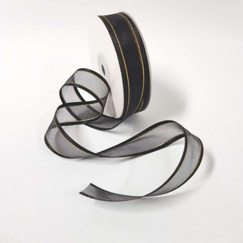 Organza Satin Edge Ribbon Gold Thread 22mm Black