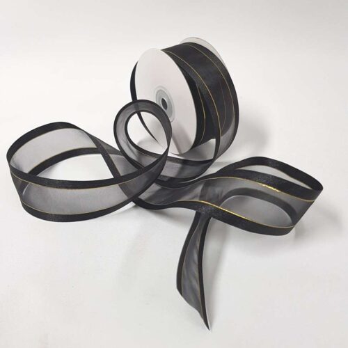 Organza Satin Edge Ribbon Gold Thread 38mm Black