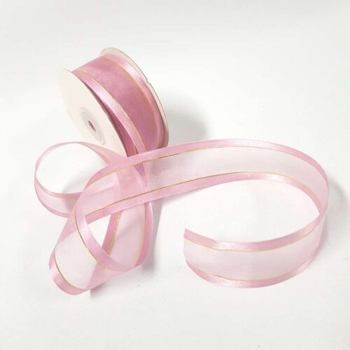 Organza Satin Edge Ribbon Gold Thread 38mm Dusty Pink