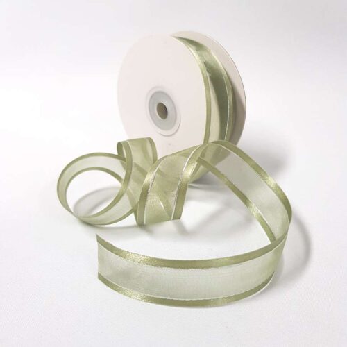 Organza Satin Edge Ribbon silver Thread 22mm Sage Green