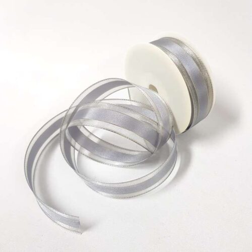 Satin Sheer Ribbon Gold Thread 25mm Silver